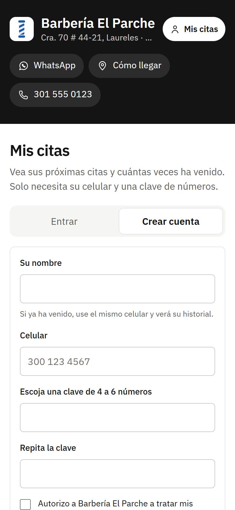 Pantalla del cliente: crea su cuenta