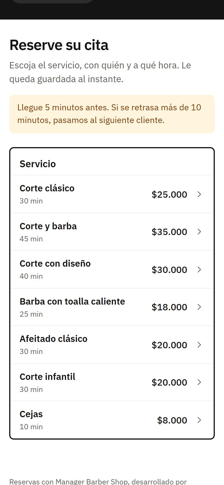 Pantalla de la app: el cliente reserva desde su enlace