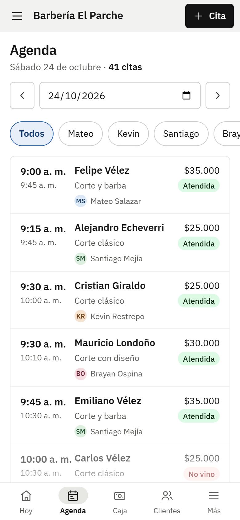 Pantalla de la agenda en el celular