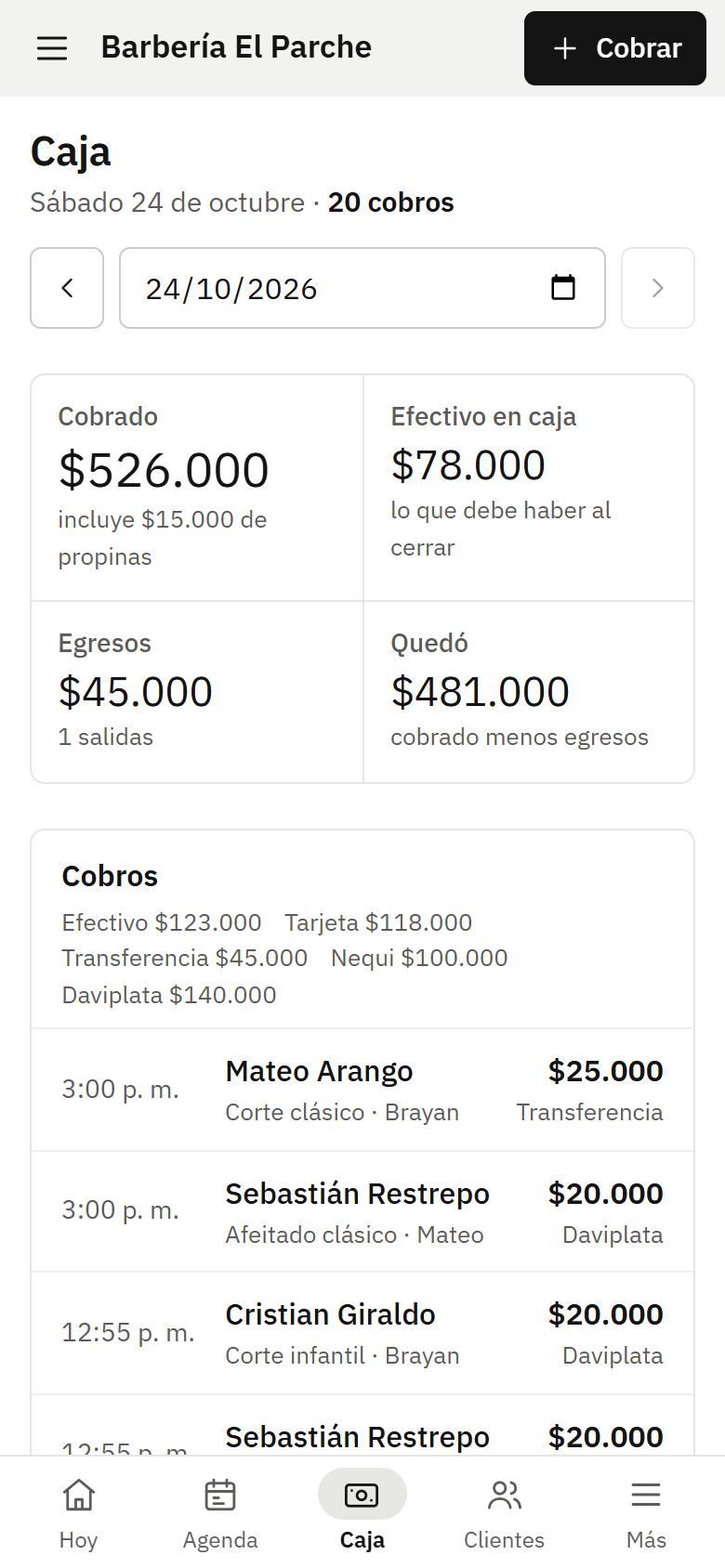 Pantalla de caja y cierre en el celular
