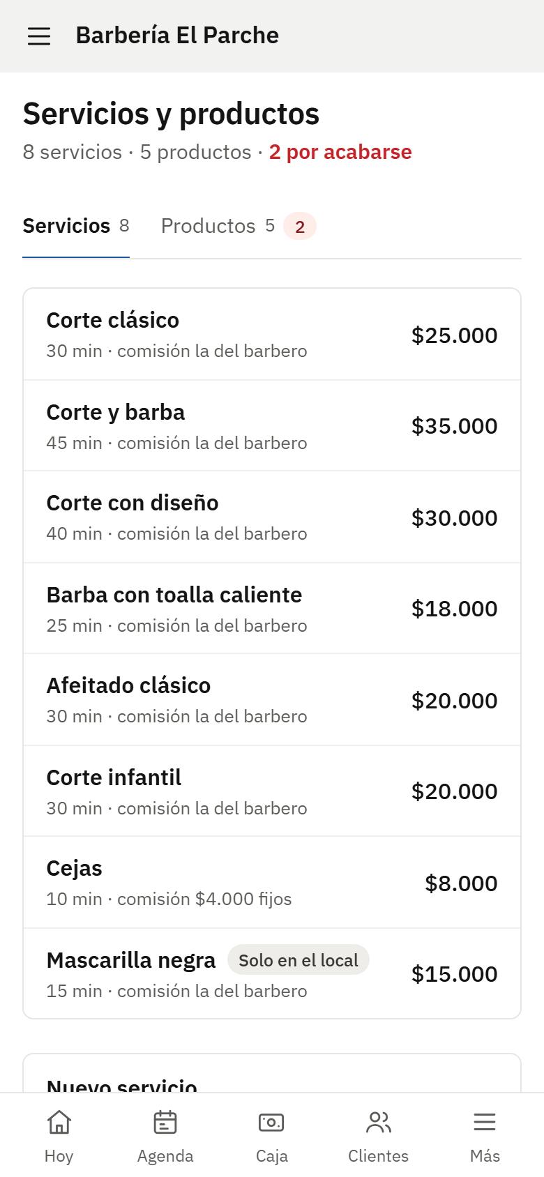 Pantalla de servicios y productos en el celular