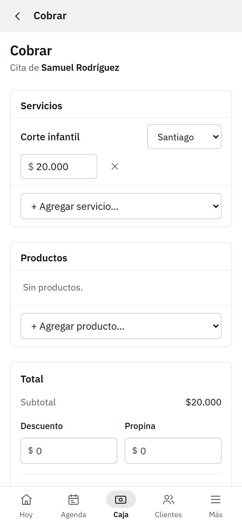 Pantalla de la app: cobra y la comisión se anota sola
