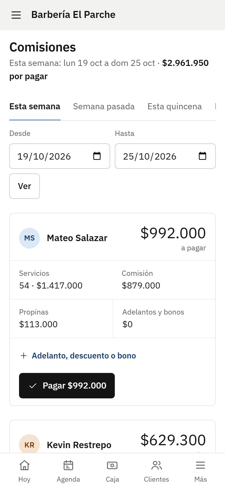 Pantalla de comisiones en el celular
