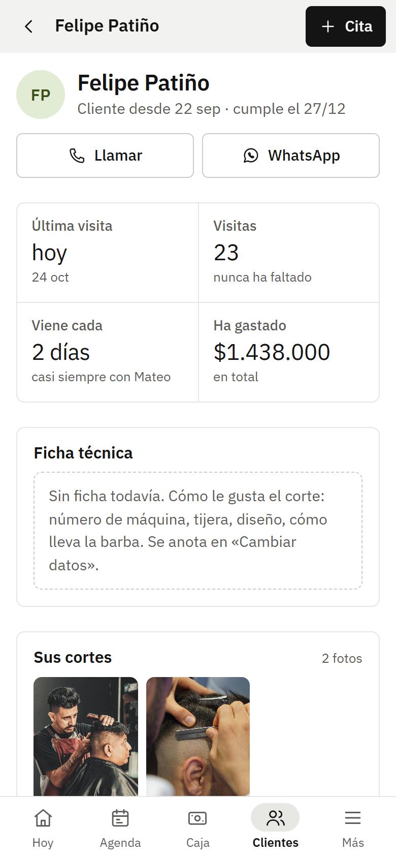 Pantalla de clientes en el celular