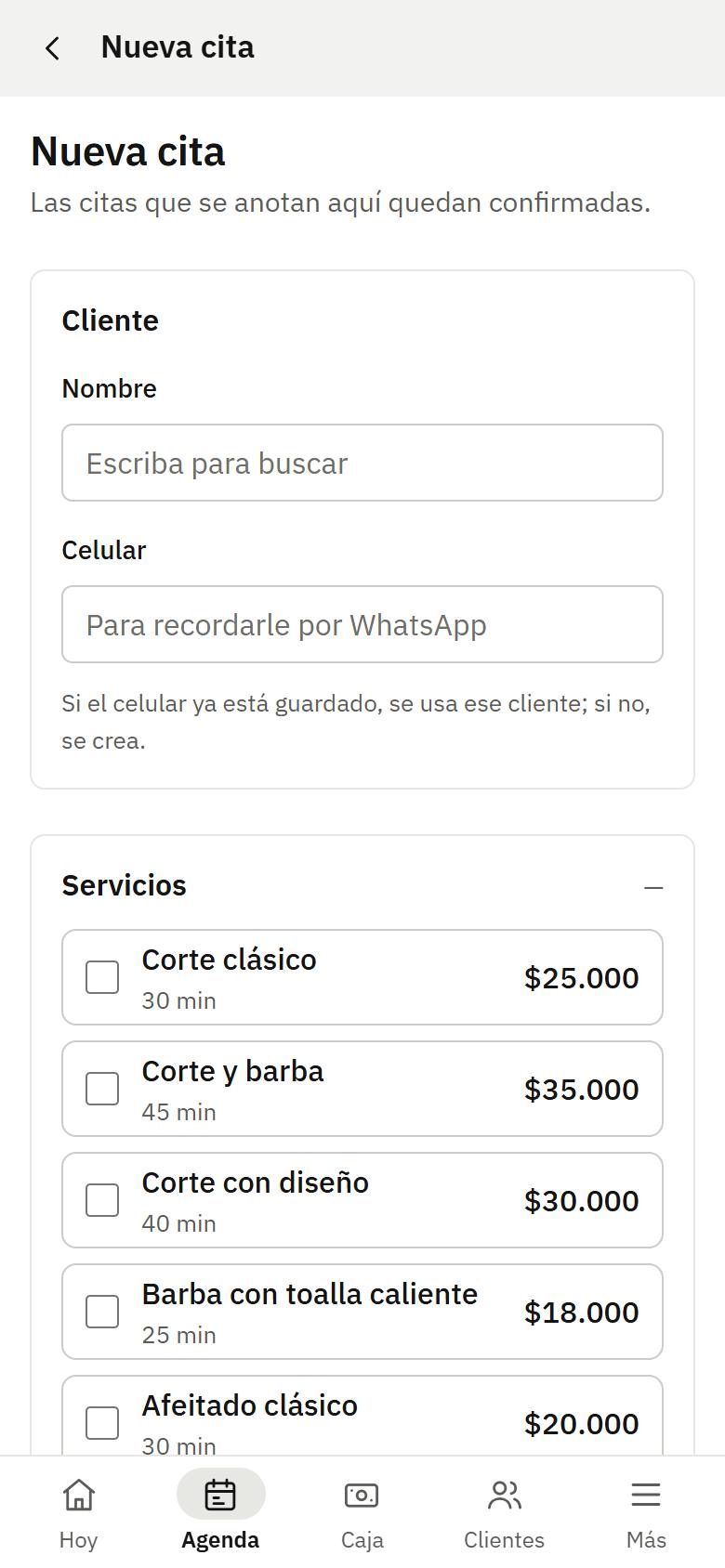 Pantalla de agendar una cita en el celular