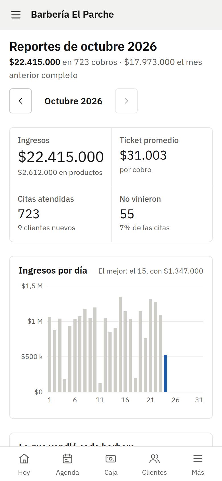 Pantalla de reportes en el celular